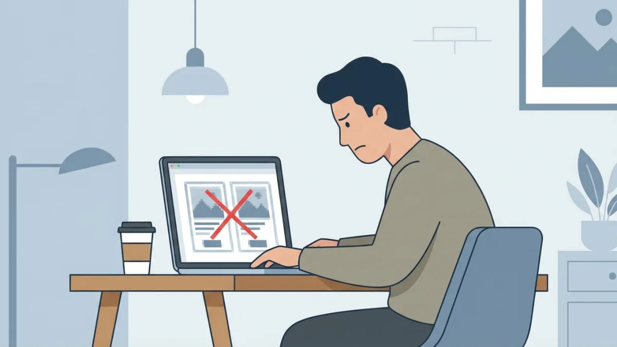 A frustrated creator looking at a laptop screen with stolen content