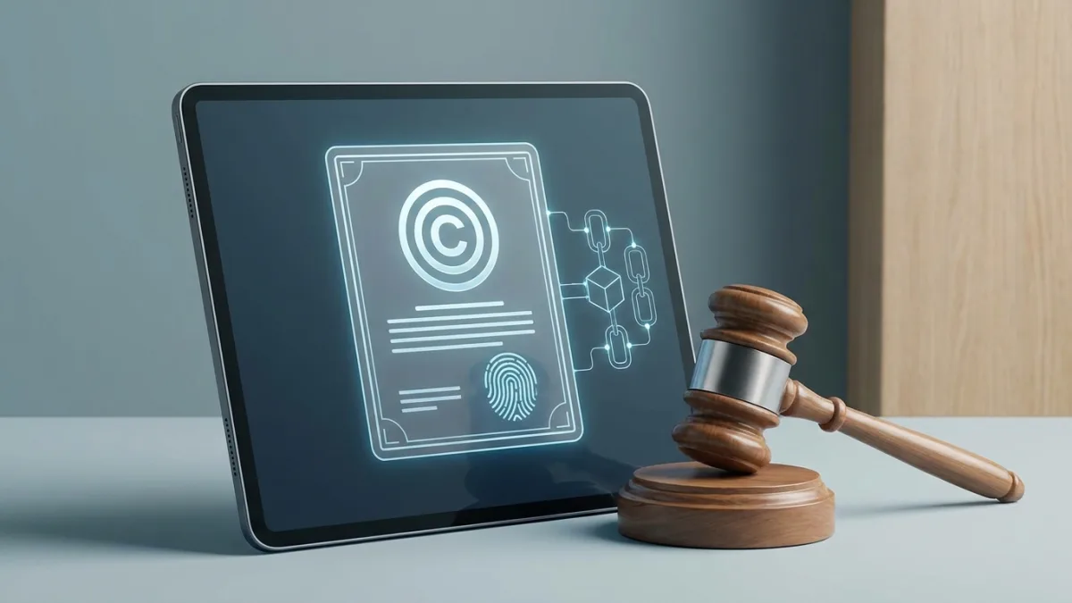 A digital copyright certificate displayed on a tablet next to a gavel