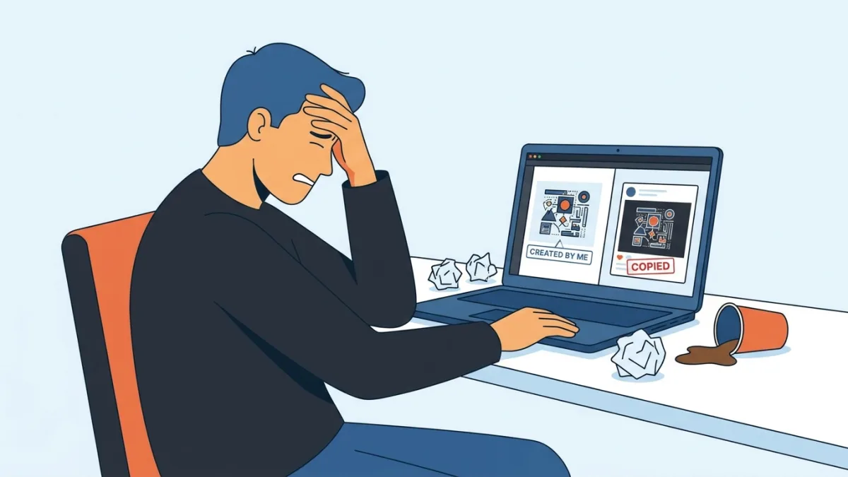 A frustrated creator looking at a laptop screen discovering their work has been copied