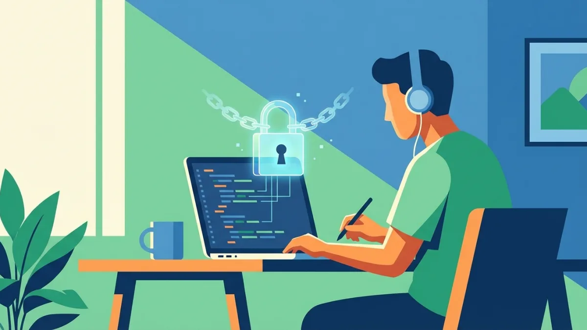 A creator working on a laptop with a digital padlock floating, representing digital copyright protection