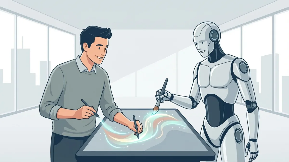 Robot and human painting together on a digital canvas