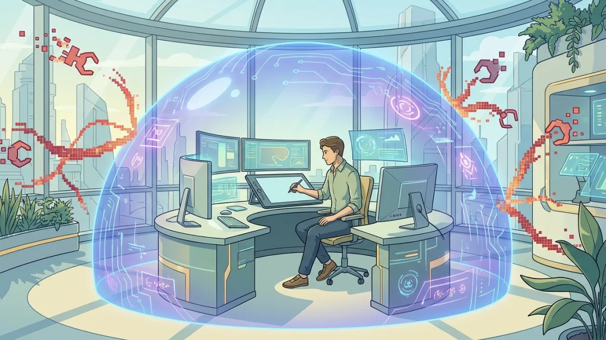 Futuristic digital art studio with a creator working on a tablet, protected by a glowing holographic shield against AI data scrapers