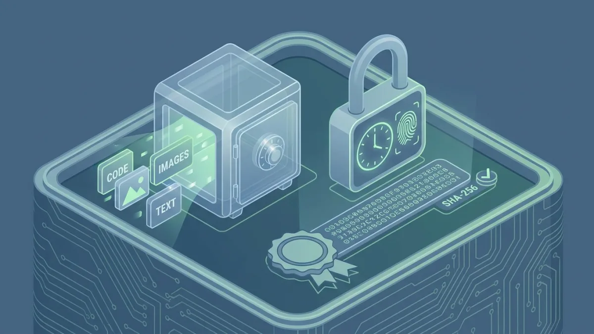 A secure digital archive showing code, images, and text files being locked with a digital timestamp and a SHA-256 fingerprint