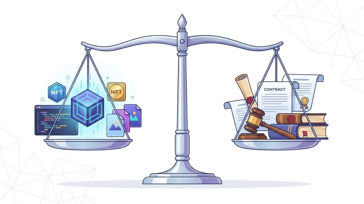 A balanced scale showing digital assets on one side and legal documents on the other, representing the balance of international intellectual property