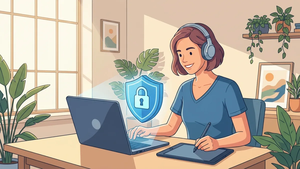 Digital artist securing work on a laptop with a shield icon