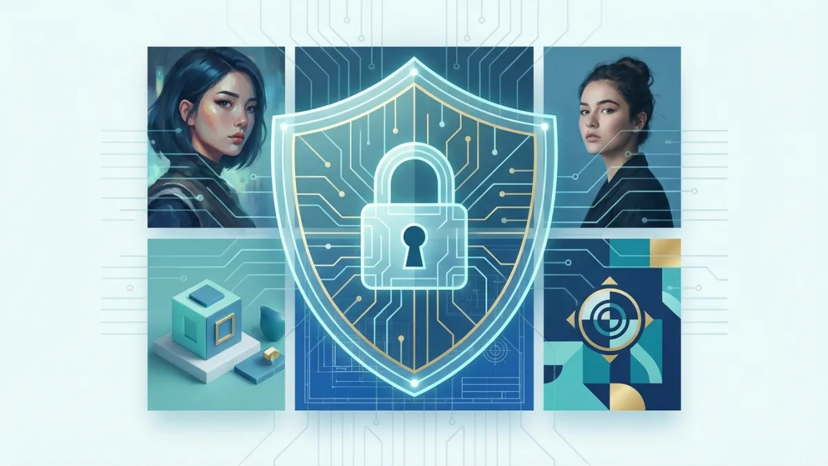 Digital security shield over a gallery of creative images