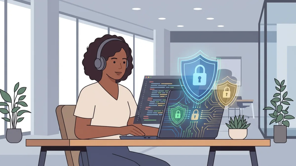 Software developer coding on a laptop with digital security shields and locks overlay