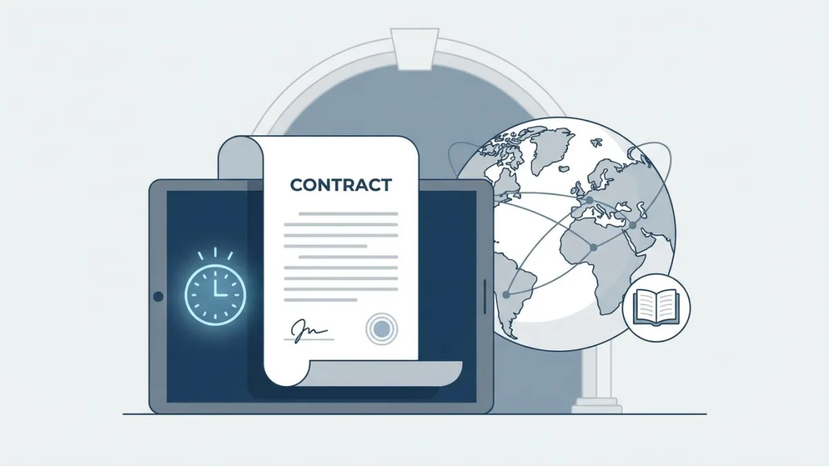 A legal document with a digital timestamp and a global map representing the Berne Convention