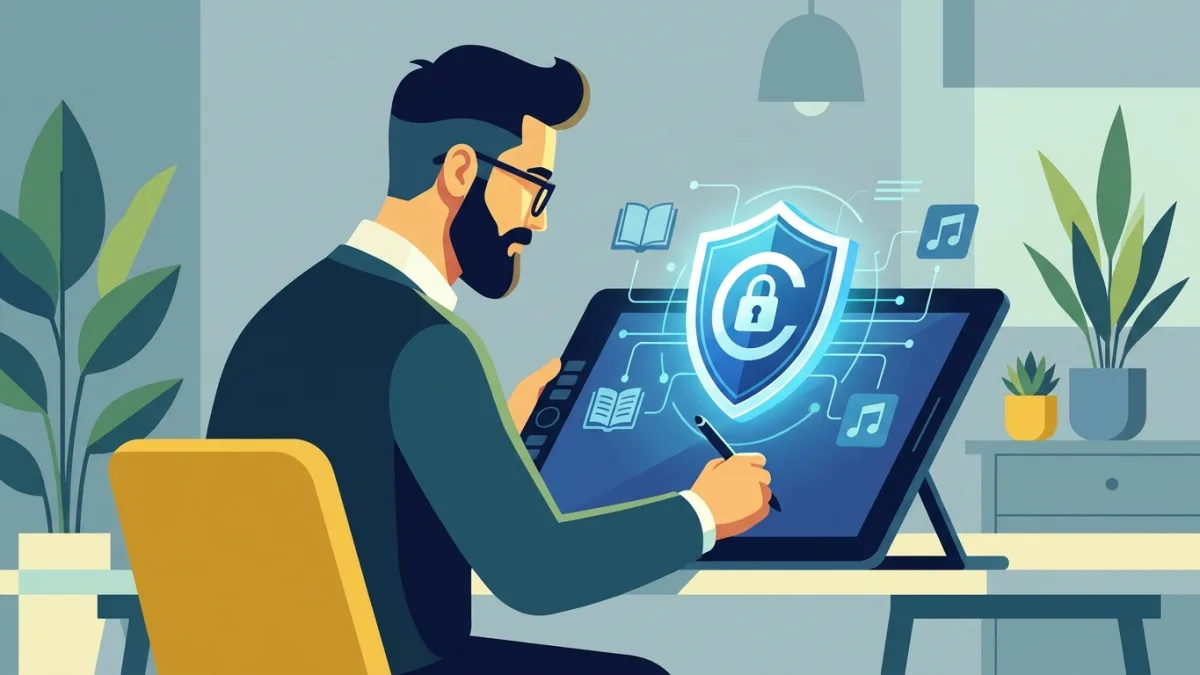 ilustracion de un creador trabajando en una tableta digital con un icono de escudo que representa la proteccion de derechos de autor