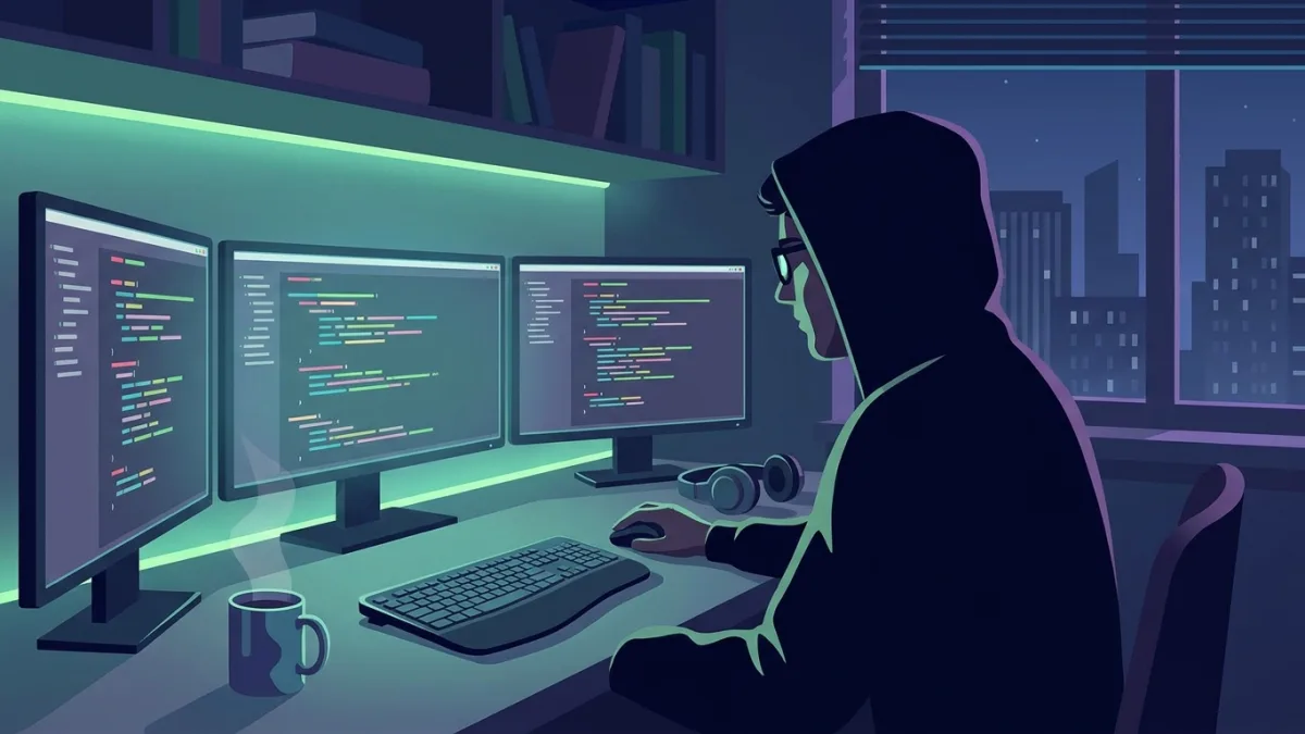 software developer typing complex code on multiple screens in a dark room