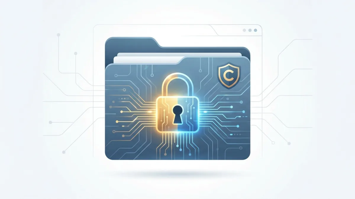 digital folder with a glowing padlock representing data security and copyright protection