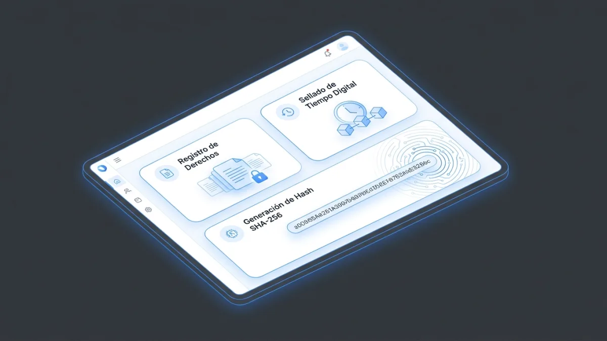 Interfaz digital que muestra un panel de control para el registro de derechos de autor con un sellado de tiempo digital seguro y generación de hash SHA-256