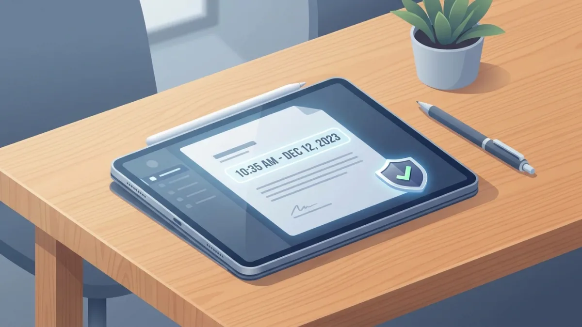 Digital tablet displaying a document with a digital timestamp and a shield icon, resting on a wooden desk