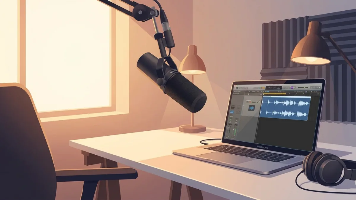 A professional podcasting microphone on a desk with a laptop displaying audio editing software, warm studio lighting
