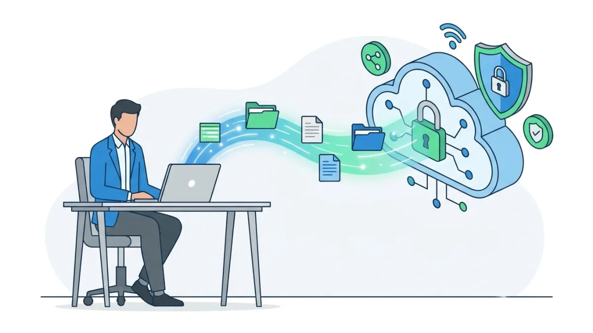 A person using a laptop to upload files to a secure cloud platform, digital security concept with subtle padlock icons