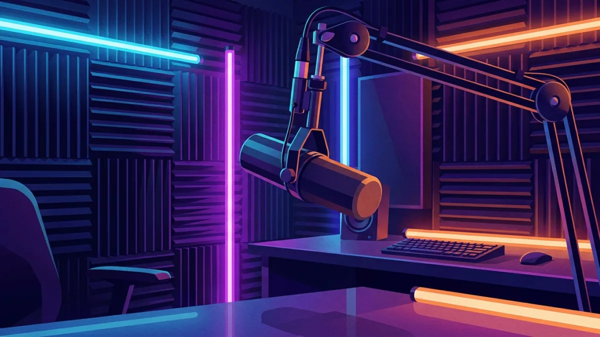 podcast microphone in a modern broadcasting studio, neon lights, dramatic lighting