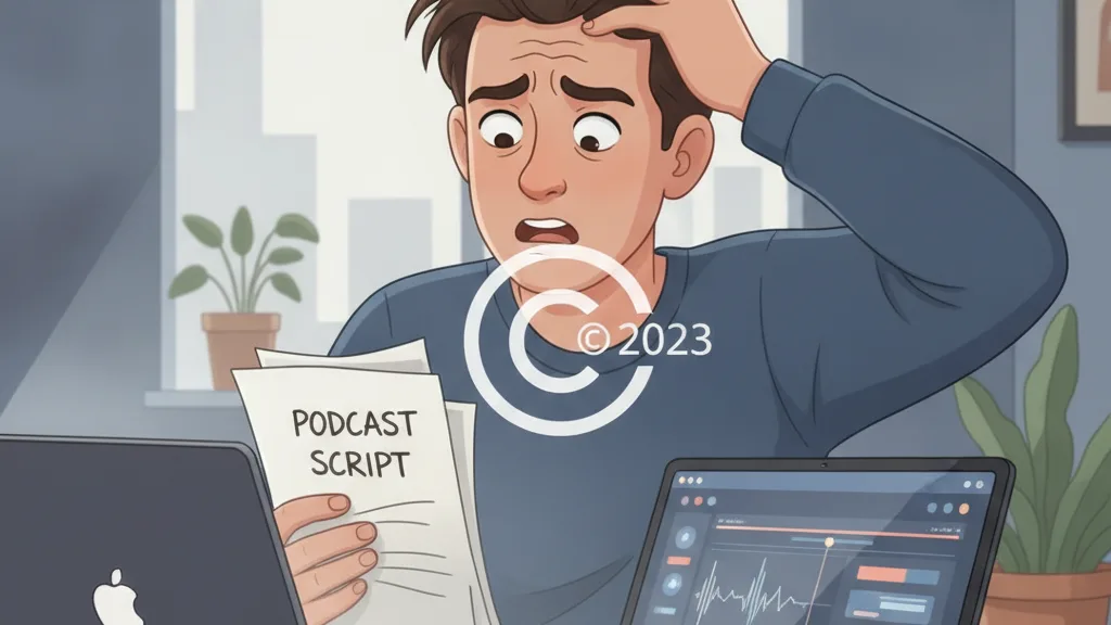 person looking stressed at a laptop, holding a podcast script, copyright symbol overlay