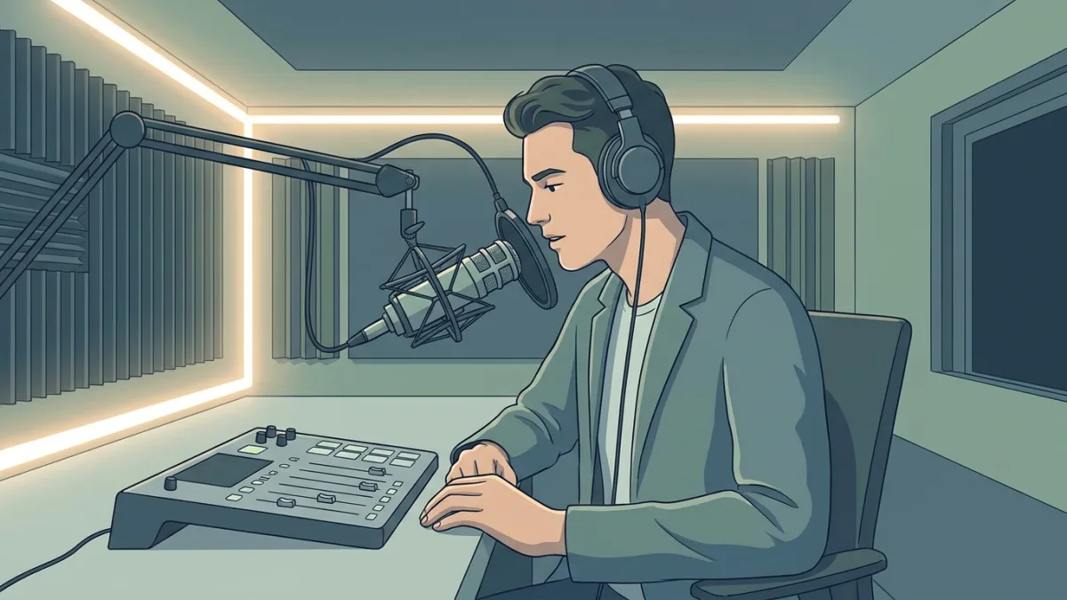 podcaster recording in a studio, professional microphone, focused, modern lighting