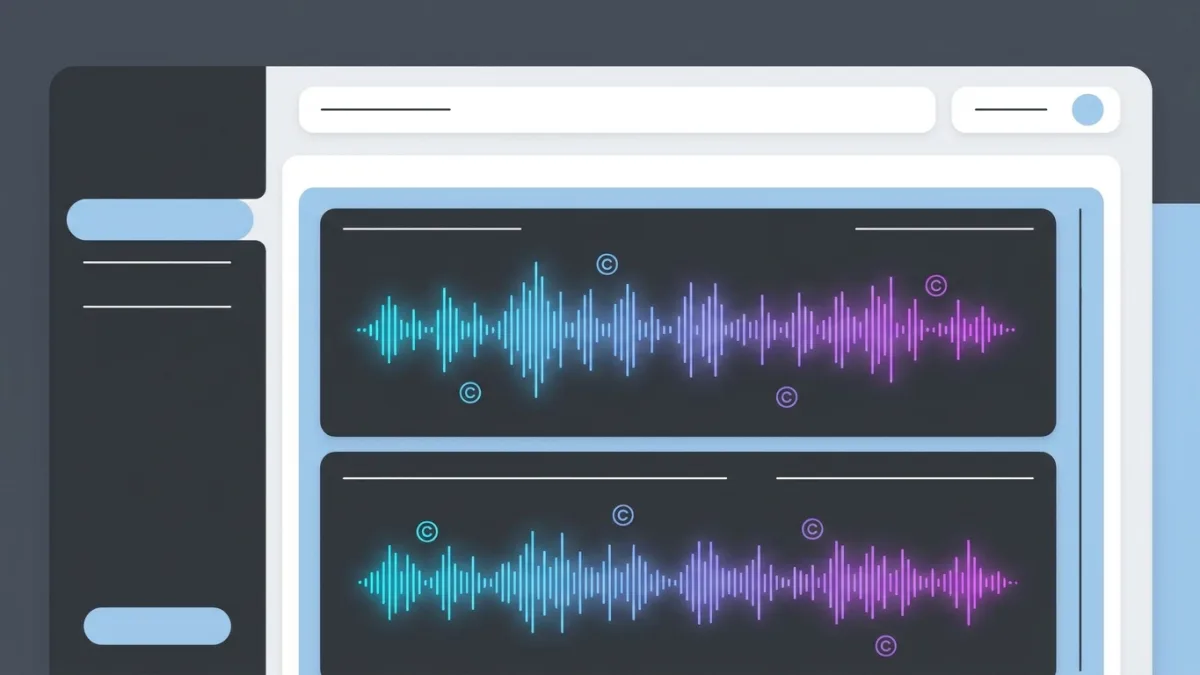 digital interface showing audio waveforms and copyright protection symbols, clean design