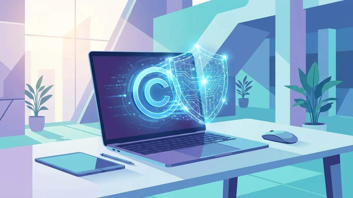 A modern digital workspace with a laptop displaying a copyright symbol and a glowing shield, representing digital intellectual property protection