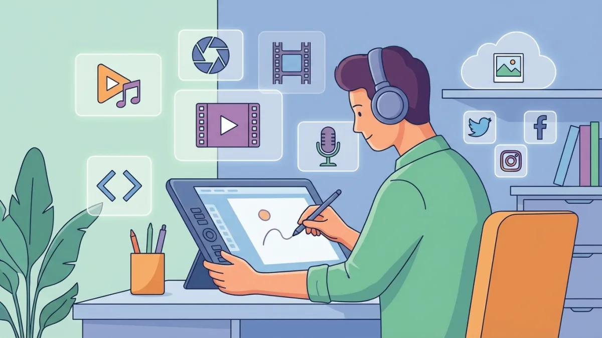 A creative professional working on a tablet, surrounded by floating icons of social media, code, music, and images, illustrating various formats of digital creations