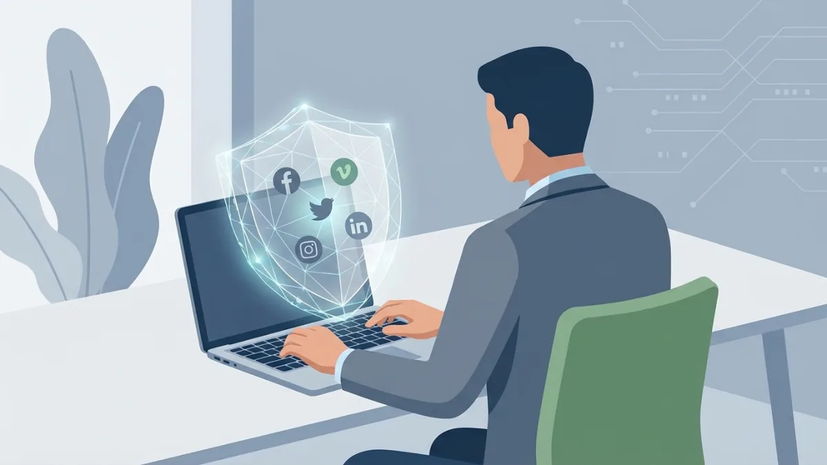 Person working on a laptop protecting digital content across social media icons