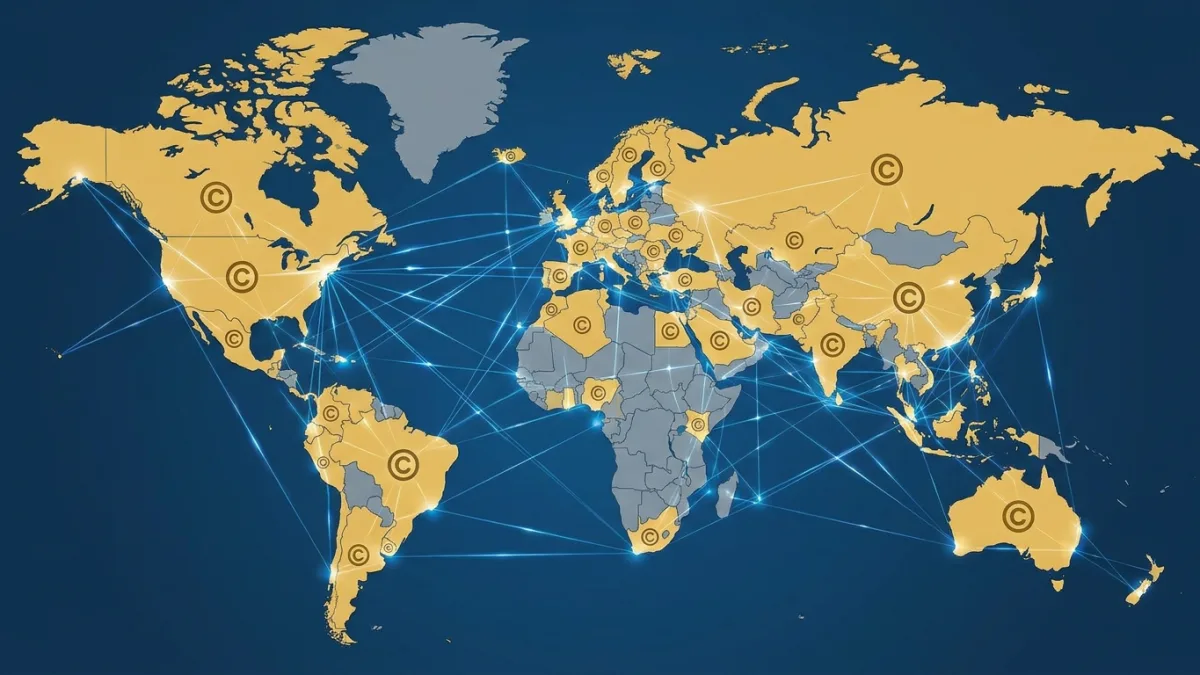 World map highlighting 181 countries with copyright protection symbols and digital network lines