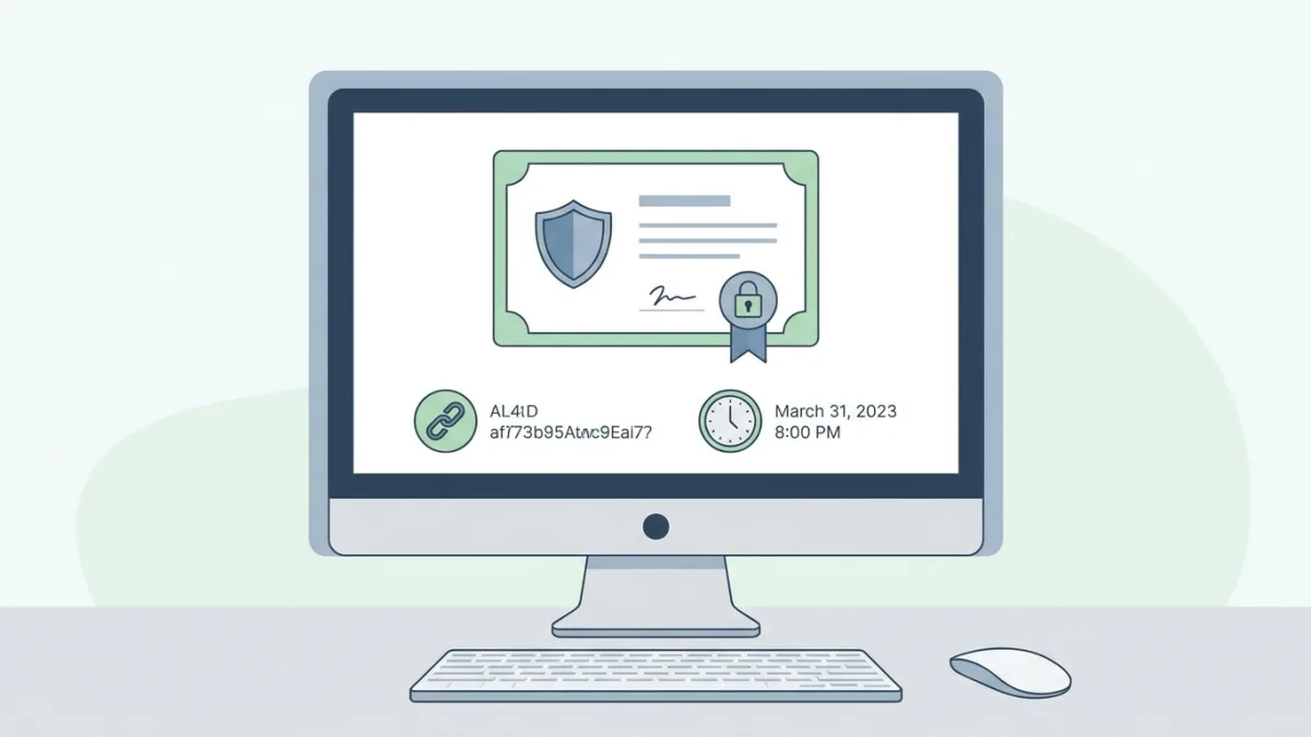 Digital copyright certificate on a computer screen with SHA-256 hash and timestamp icons