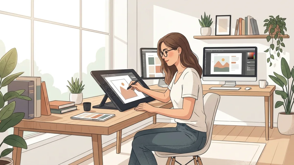 A freelance graphic designer working on a digital drawing tablet in a modern home office, bright lighting