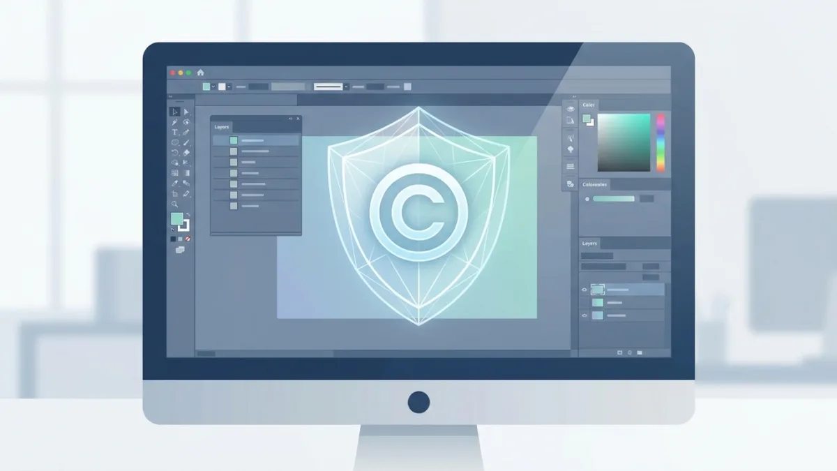 A close up of a computer screen showing graphic design software with a digital copyright shield icon overlay, conceptual