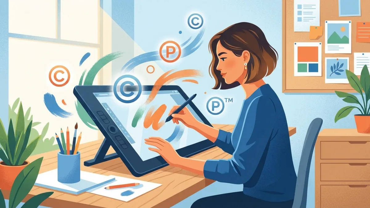 A freelance graphic designer working on a digital drawing tablet with copyright symbols floating around