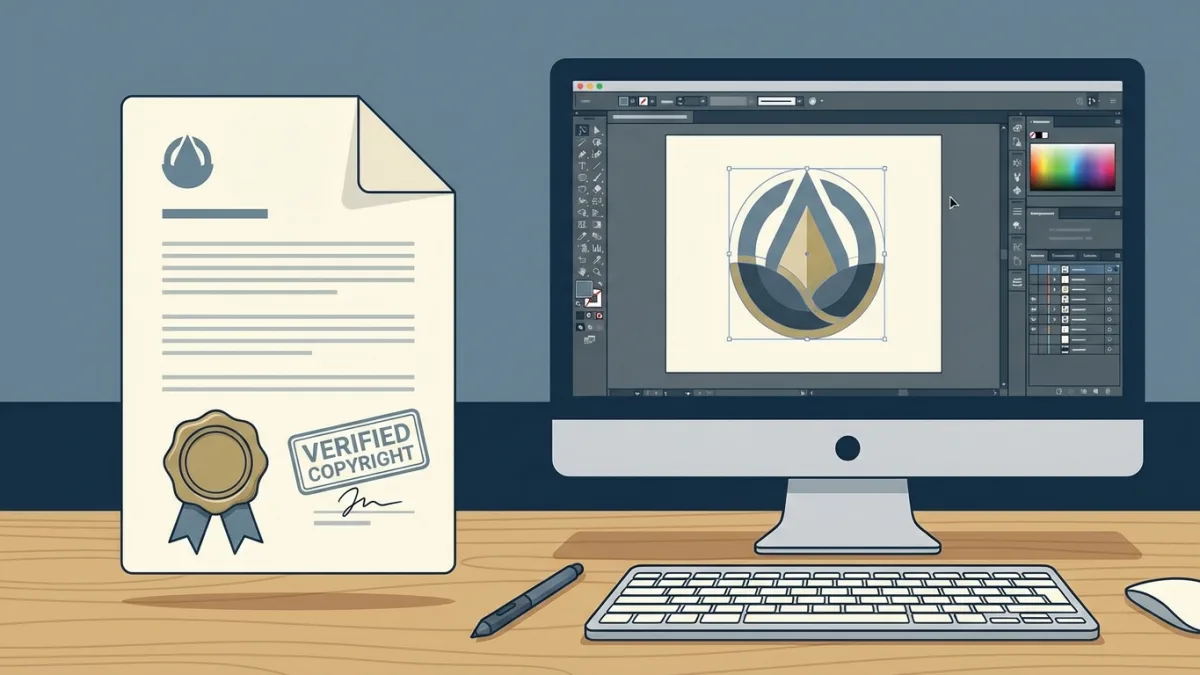 A legal document with a verified copyright stamp next to a computer monitor displaying graphic design software