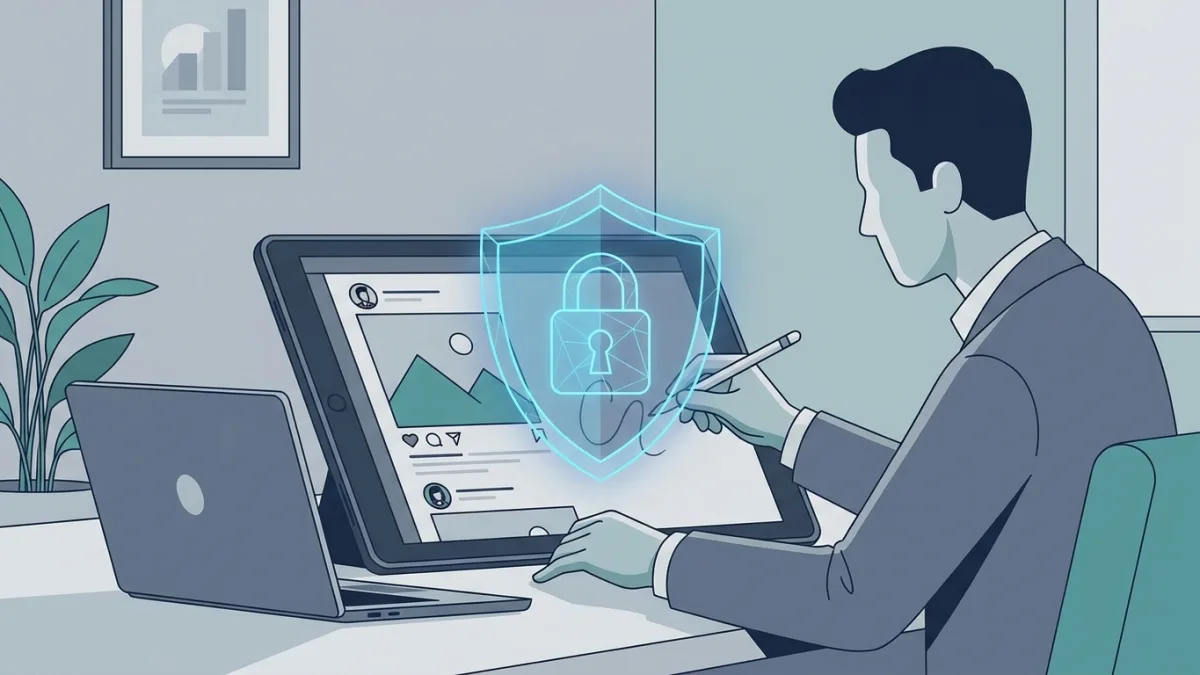 A creator working on Instagram content with a digital shield overlay