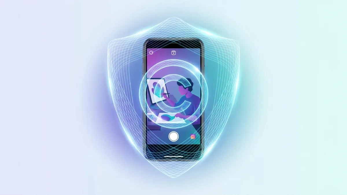 A smartphone displaying an Instagram reel being protected by a copyright symbol