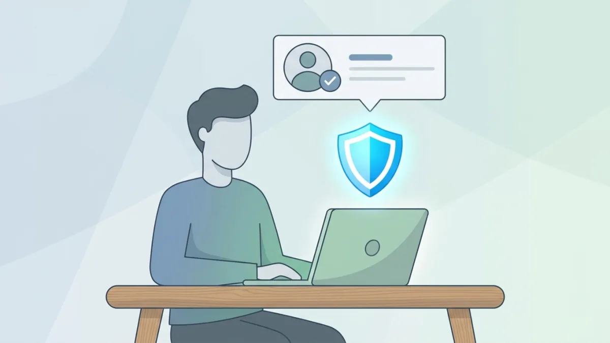 Un creador digital trabajando en un ordenador portátil con un icono de escudo brillante flotando sobre un perfil de redes sociales, estilo minimalista moderno