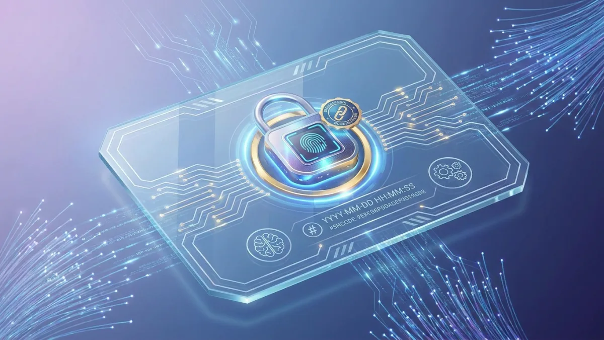 Un certificado digital futurista con un sello de tiempo y un candado, que simboliza la protección de la propiedad intelectual en Internet
