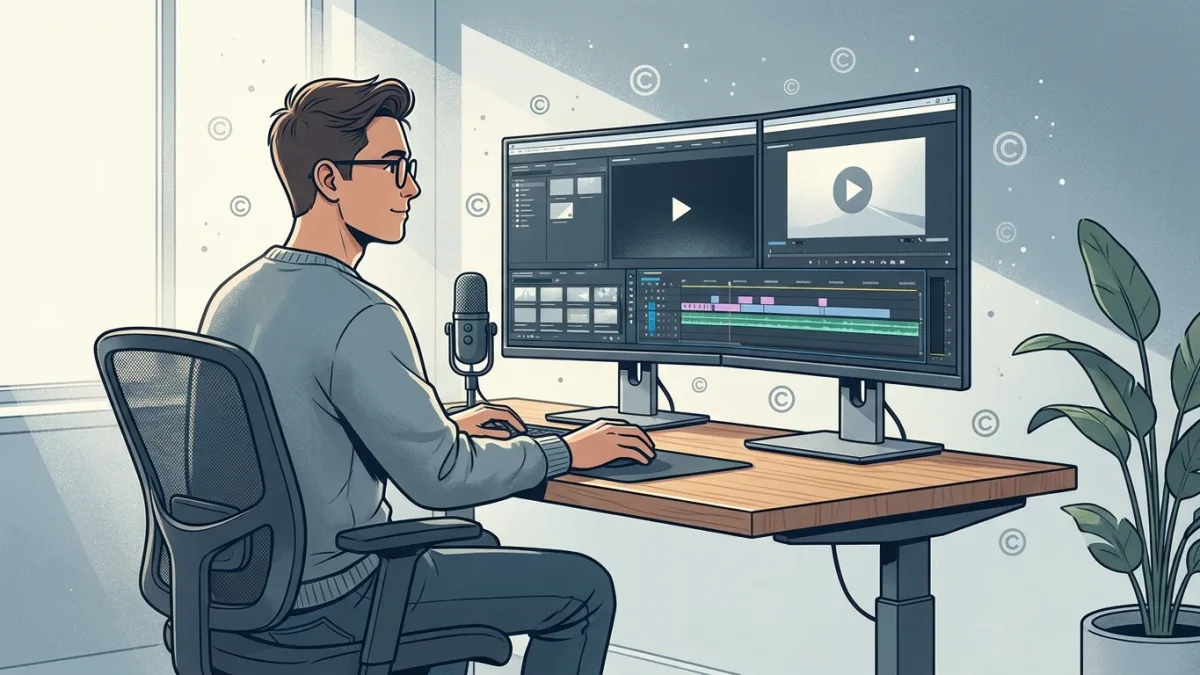 A content creator editing a video on a dual monitor setup in a modern studio, with copyright symbols floating subtly in the background