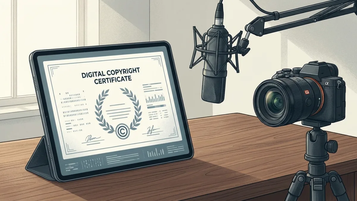 A digital certificate of copyright displayed on a tablet screen, next to a professional microphone and a camera on a wooden desk