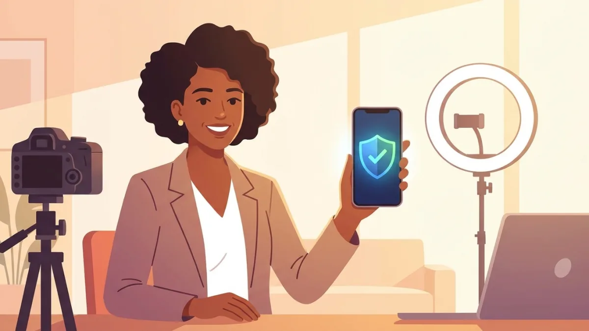 A content creator holding a smartphone with a shield icon on the screen, representing digital protection for social media profiles