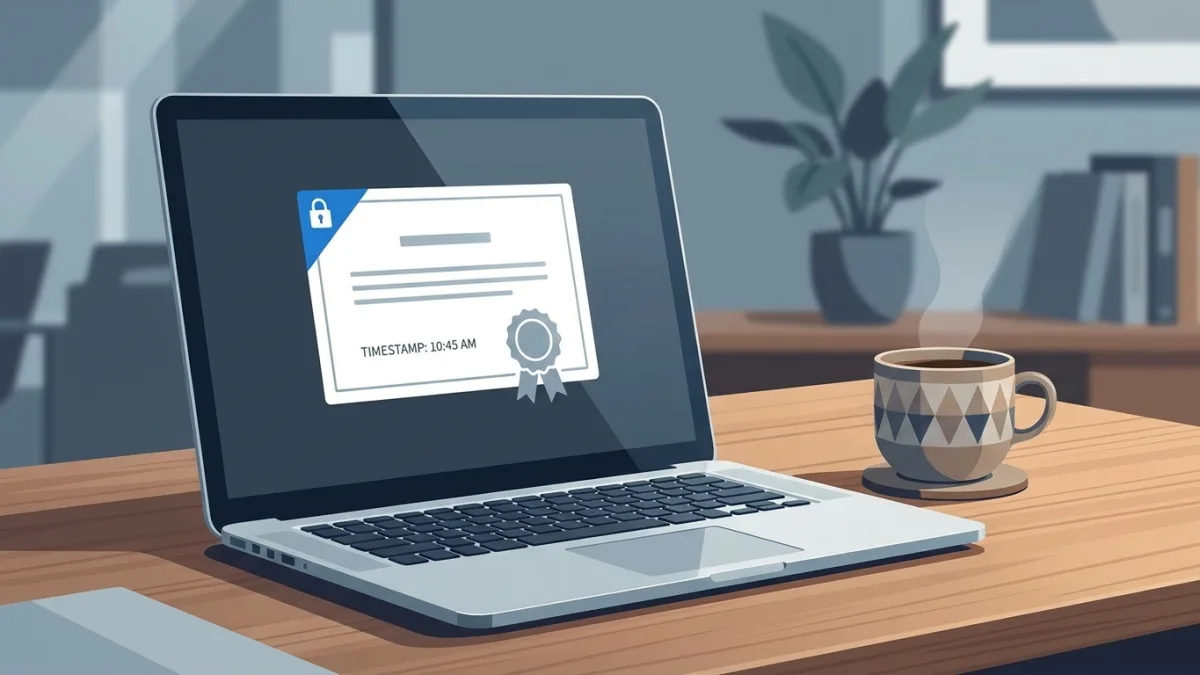 A digital certificate with a timestamp and a lock icon displayed on a laptop screen next to a coffee cup