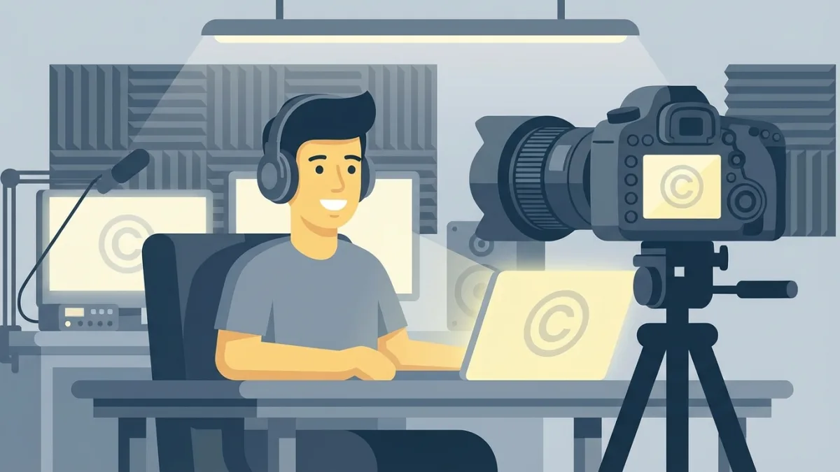 A professional YouTuber recording a video in a studio with copyright protection symbols overlaying the screen