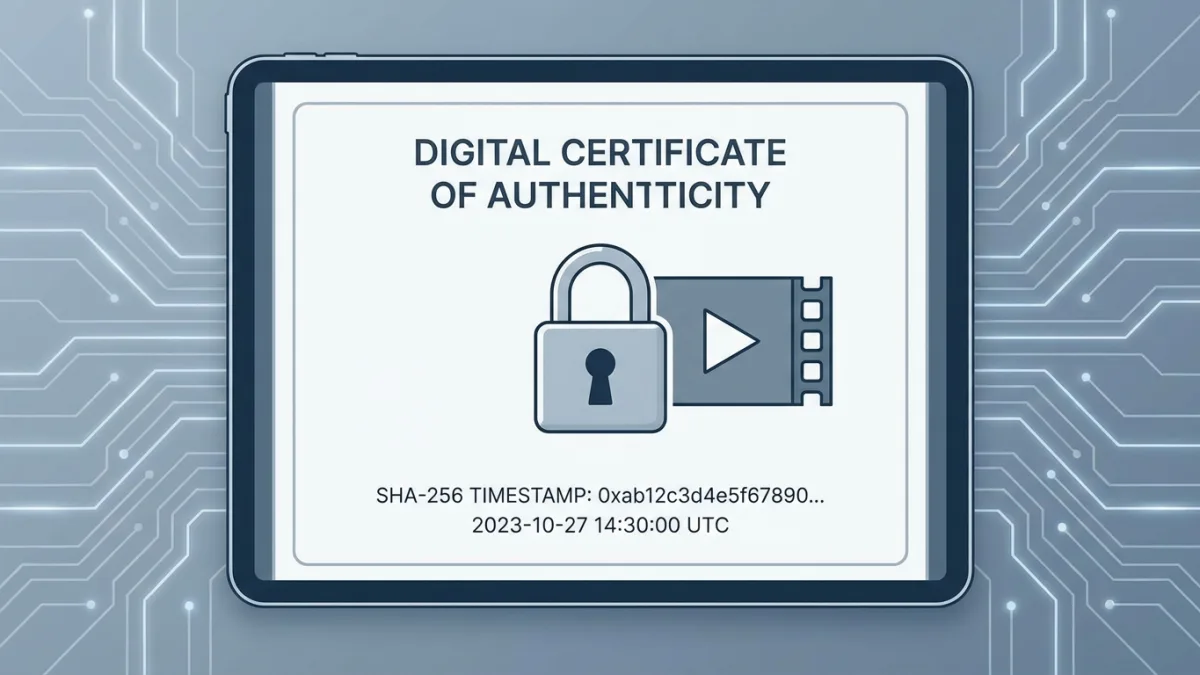 A digital certificate showing a SHA-256 timestamp for a video file with a lock icon