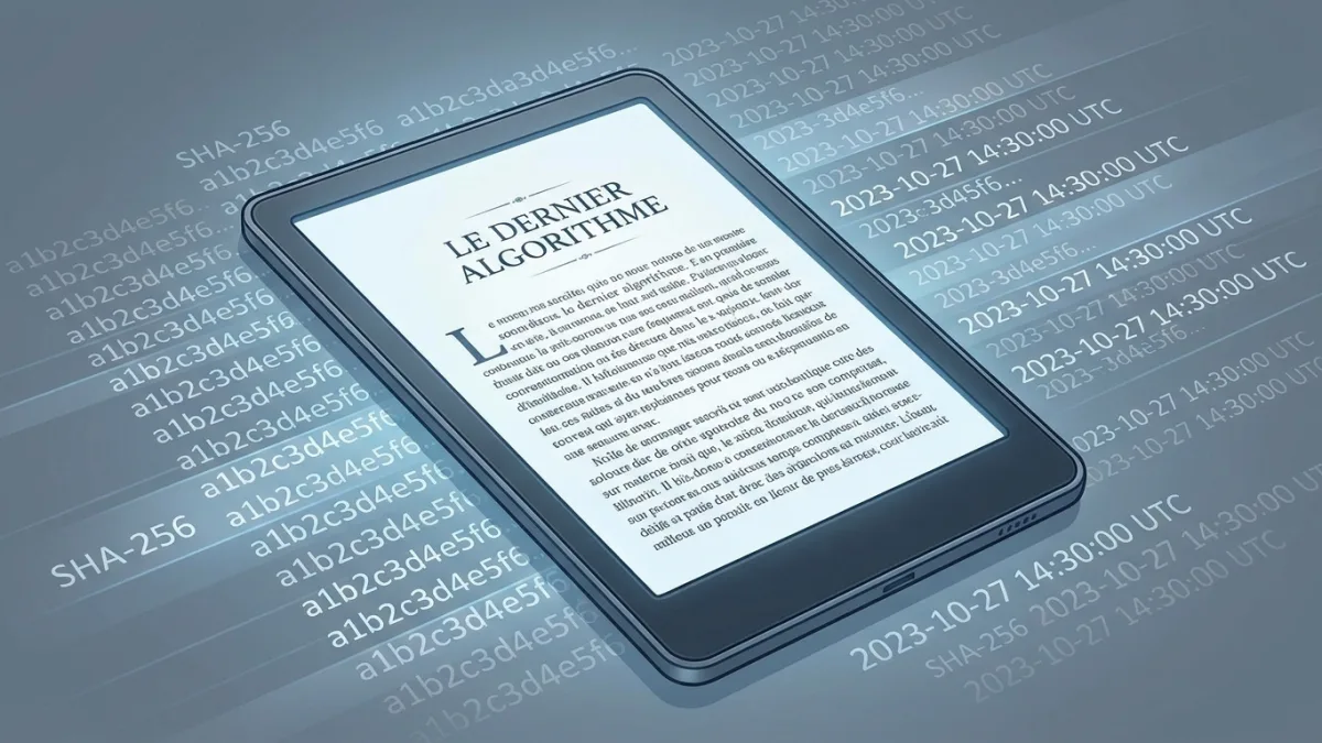 Gros plan sur une liseuse électronique affichant un roman, avec en arrière-plan une superposition de code de hachage SHA-256 et un horodatage numérique