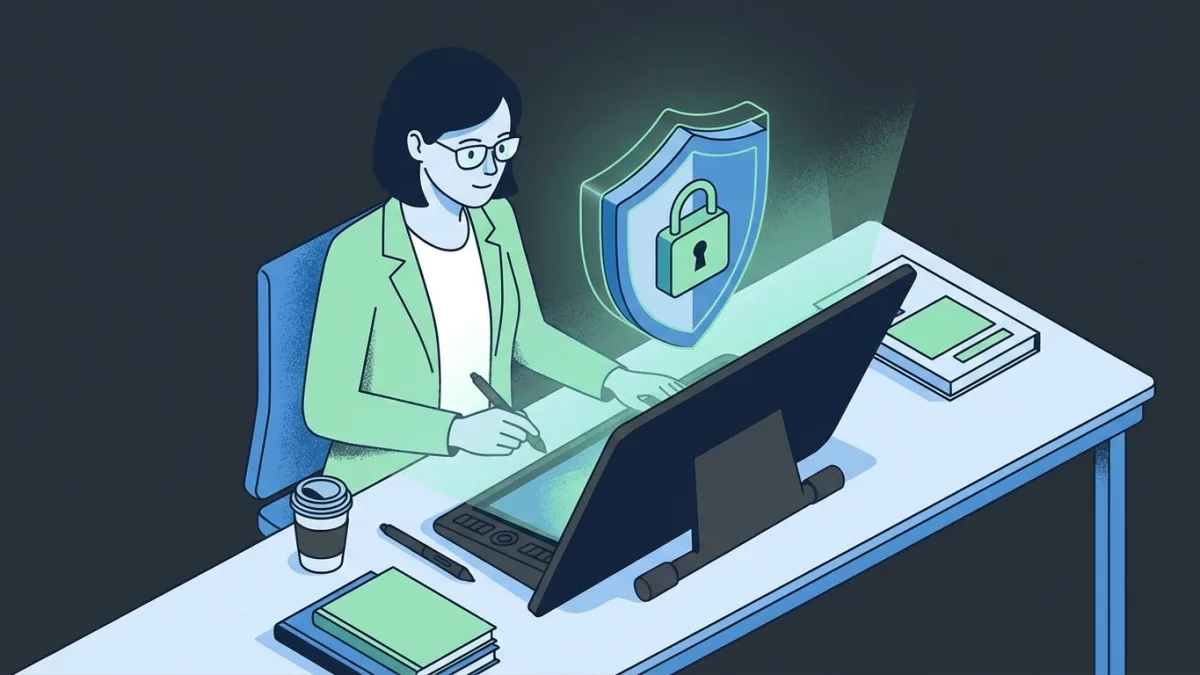 graphic designer working on digital tablet with security shield