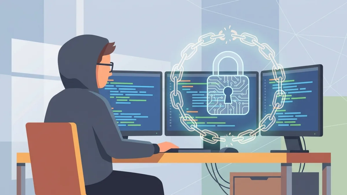 A developer coding on multiple screens with a digital padlock overlay, representing source code protection