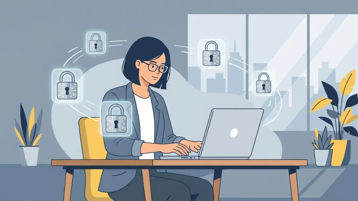 persona trabajando en un ordenador portátil con iconos de candados digitales flotando alrededor