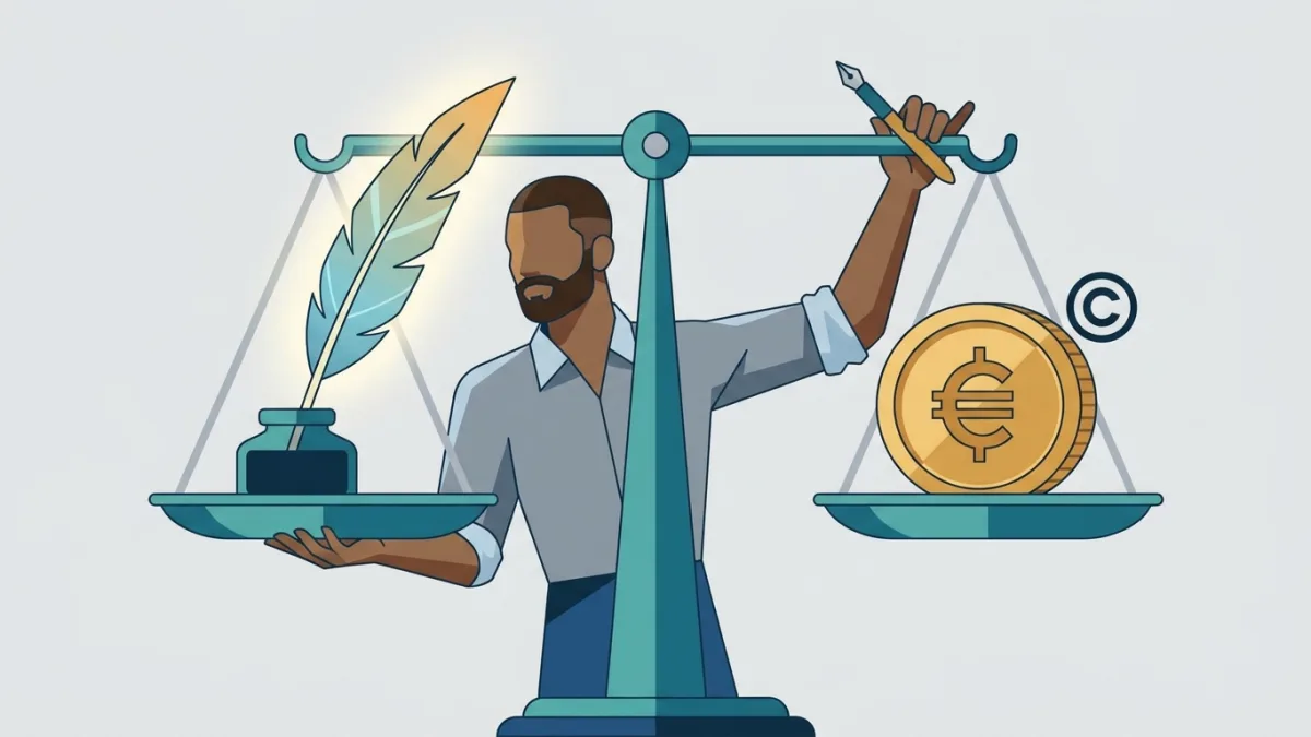 illustration of a creator balancing a scale with a pen representing moral rights and a coin representing economic copyright