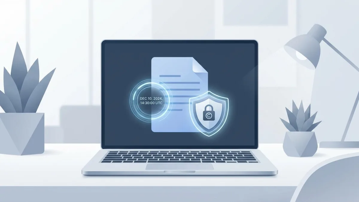 digital document with a timestamp and a shield representing copyright protection on a laptop screen