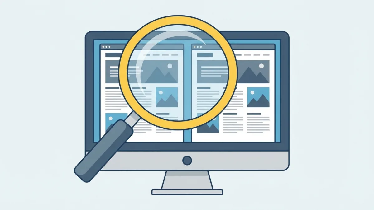 Magnifying glass over a computer screen showing duplicate website content