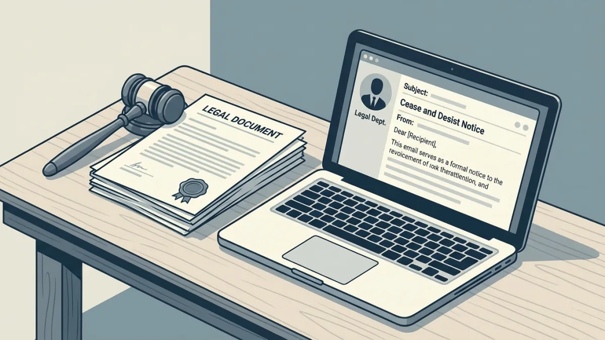 Gavel and legal documents next to a laptop displaying a cease and desist email